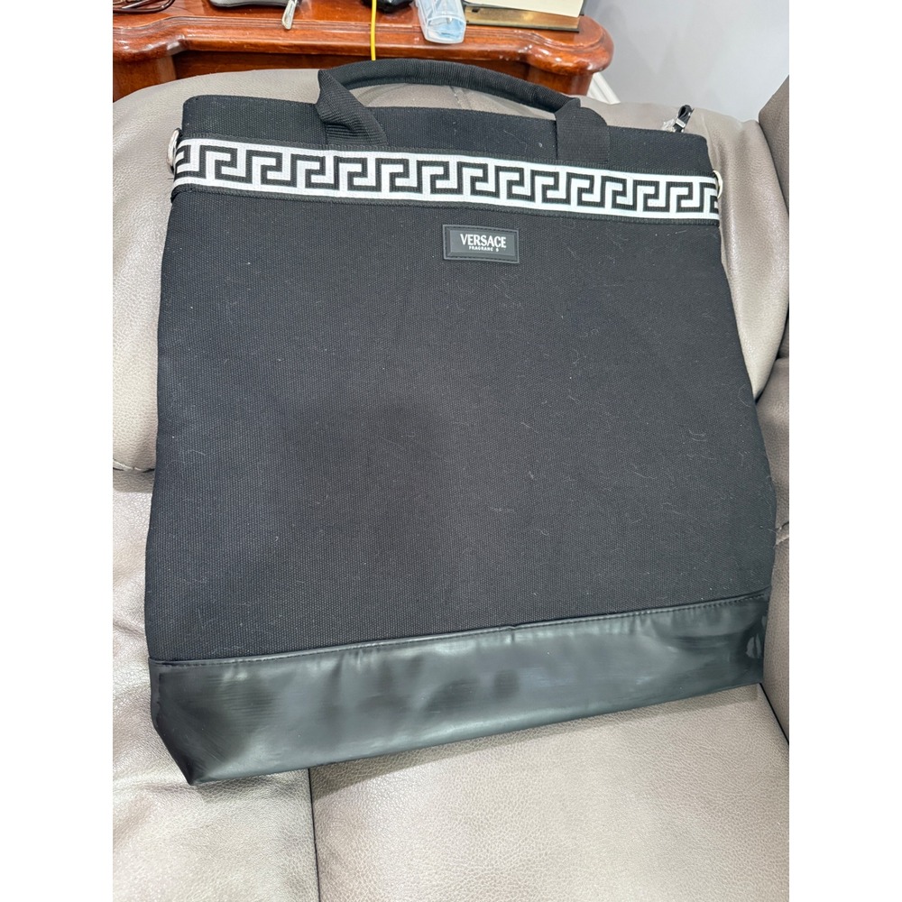 Versace Fragrances Black Canvas Tote Bag Greek Key Border Zip Top Travel Bag